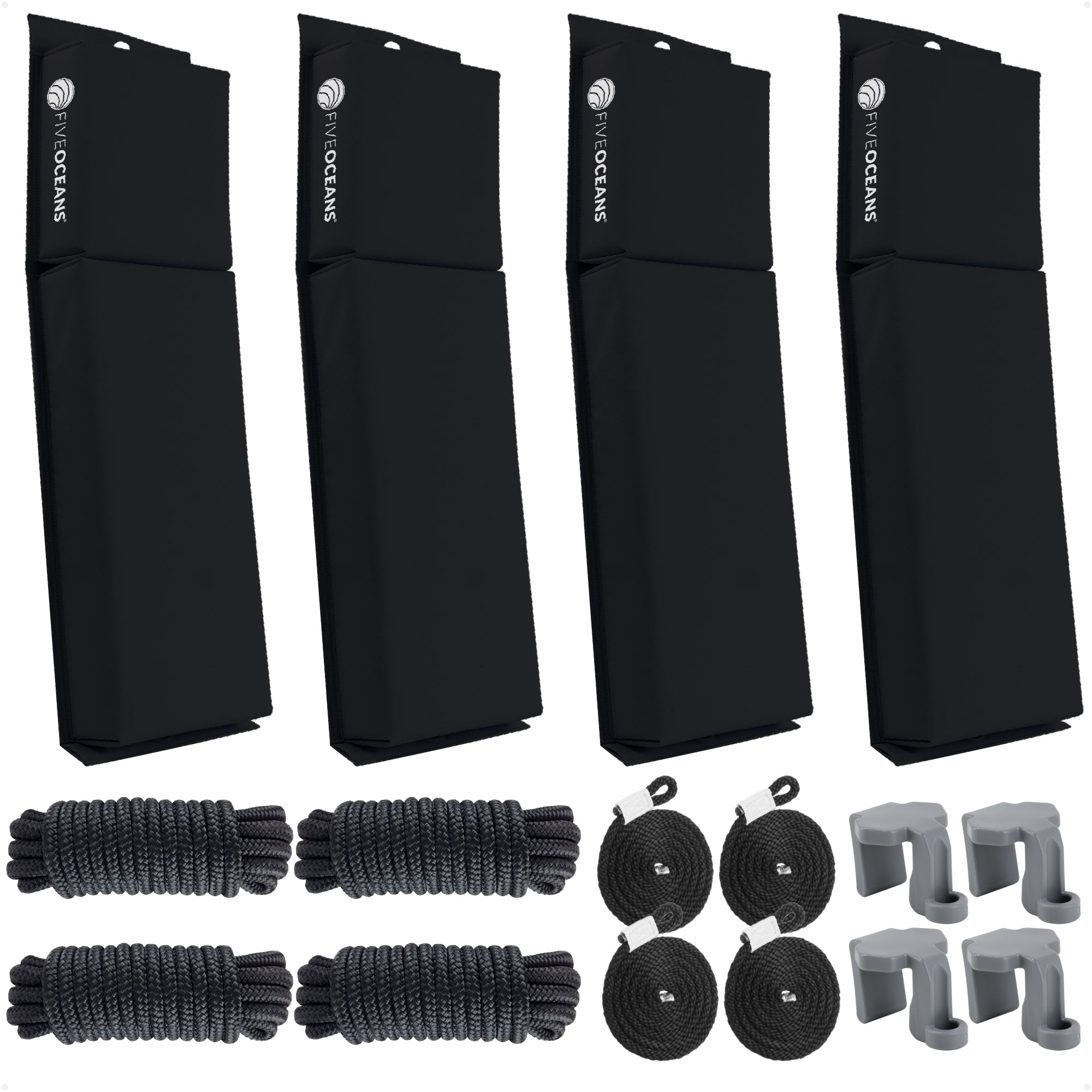Pontoon Docking Kit - Black Flat Fenders with Dock Lines & Fender Clips, 4-Pack - FO4682-C1