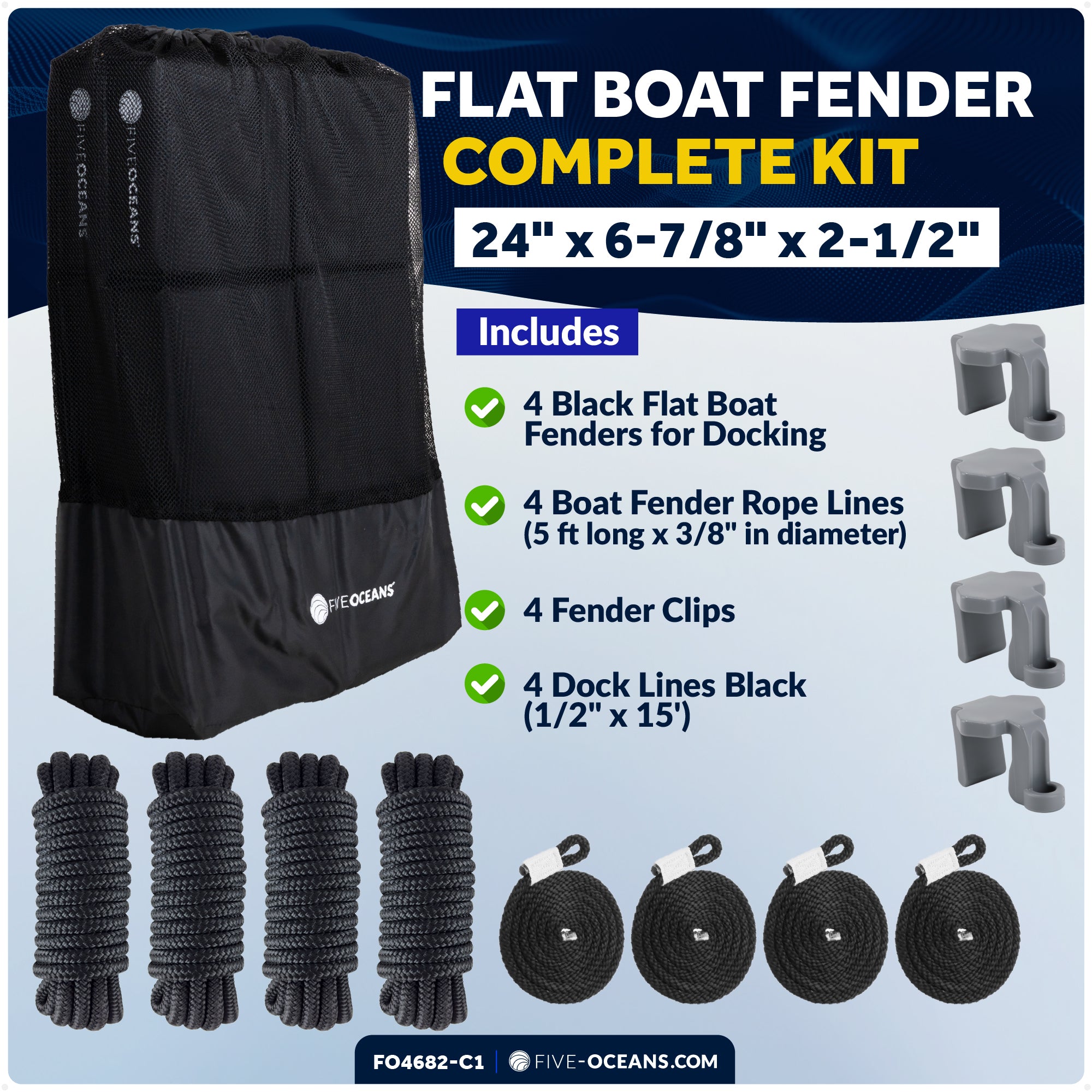 Flat Boat Fender Kit, 4-Pack Black 24" x 6-7/8" x 2-1/2", Includes 1/2" x 15' Dock Lines and Fender Clips - FO4682-C1