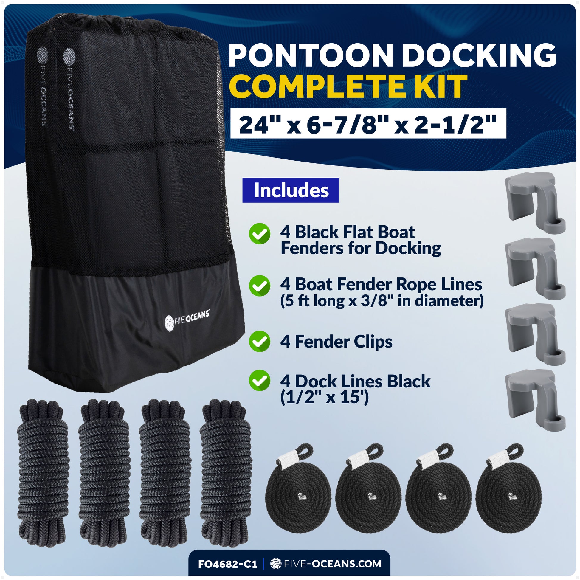 Pontoon Docking Kit - 4-Pack Black Flat Fender 24" x 6-7/8" x 2-1/2", Dock Lines 1/2" x 15' and Fender Clips - FO4682-C1 - Five Oceans