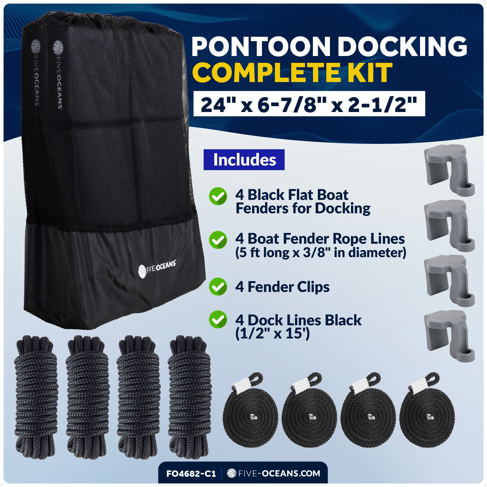 Pontoon Docking Kit - 4-Pack Black Flat Fender 24" x 6-7/8" x 2-1/2", Dock Lines 1/2" x 15' and Fender Clips - FO4682-C1