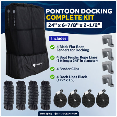 Pontoon Docking Kit - Black Flat Fenders with Dock Lines & Fender Clips, 4-Pack - FO4682-C1 - Five Oceans