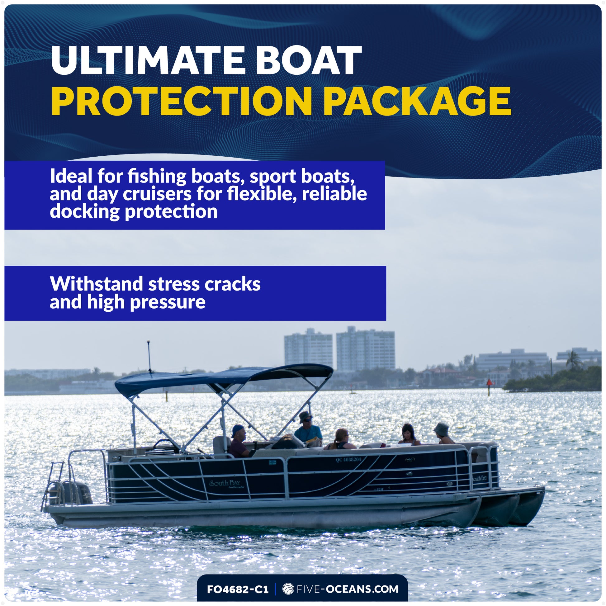 Pontoon Docking Kit - 4-Pack Black Flat Fender 24" x 6-7/8" x 2-1/2", Dock Lines 1/2" x 15' and Fender Clips - FO4682-C1 - Five Oceans