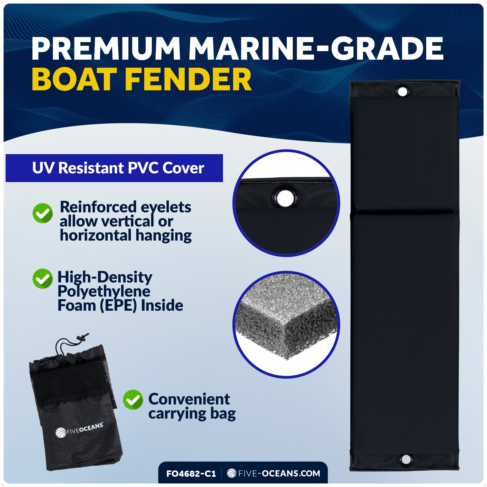 Pontoon Docking Kit - Black Flat Fenders with Dock Lines & Fender Clips, 4-Pack - FO4682-C1 - Five Oceans