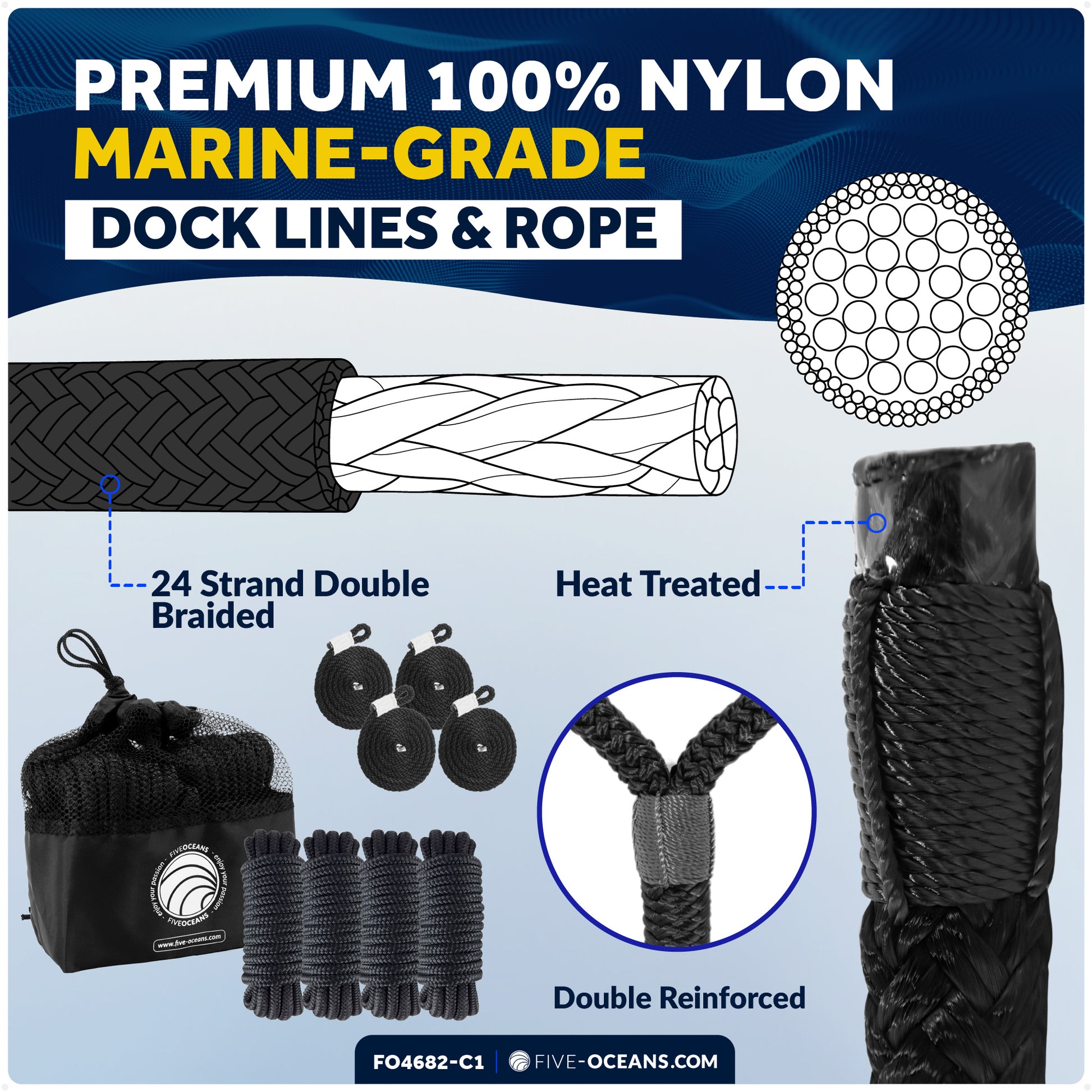 Pontoon Docking Kit - Black Flat Fenders with Dock Lines & Fender Clips, 4-Pack - FO4682-C1 - Five Oceans