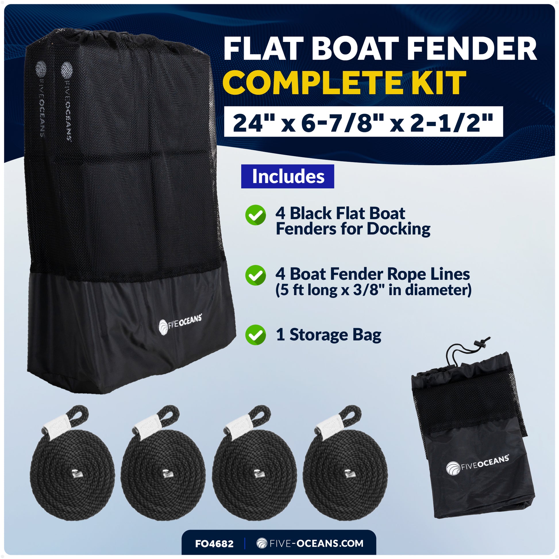 Boat Contour Fender 24" x 6-7/8" x 2-1/2", Black, 4-Pack - FO4682 - Five Oceans