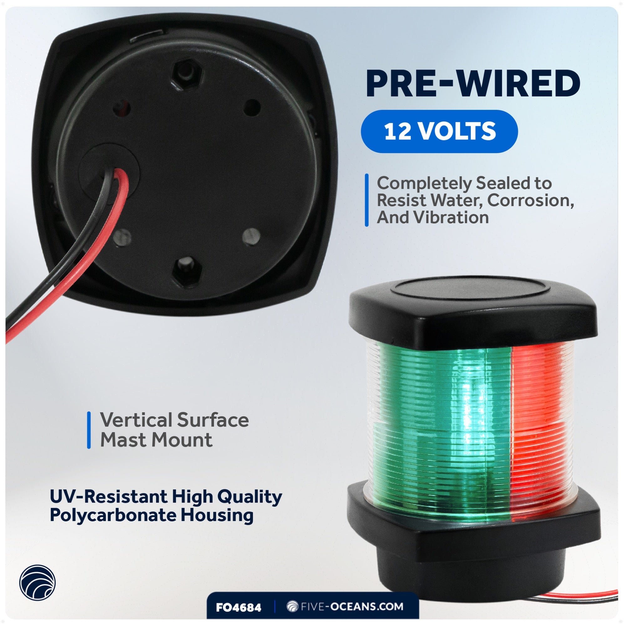LED Tri-Color Navigation Light, Vertical Mount - FO4684 - Five Oceans