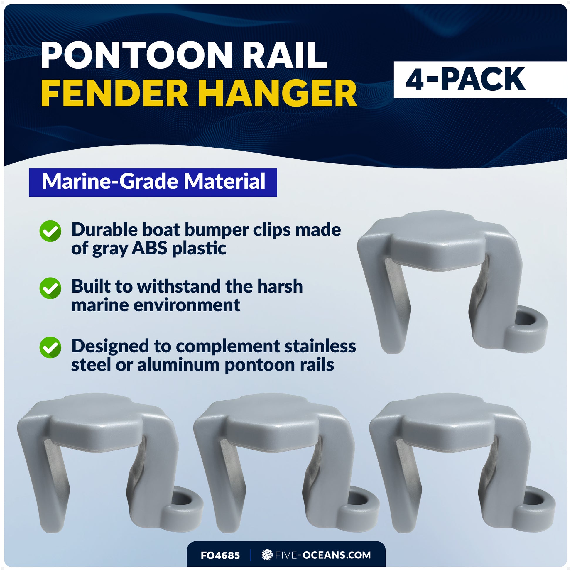 Boat Fender Clips, Suitable for 1" and 1-1/4" Square Rails, 4-Pack - FO4685 - Five Oceans