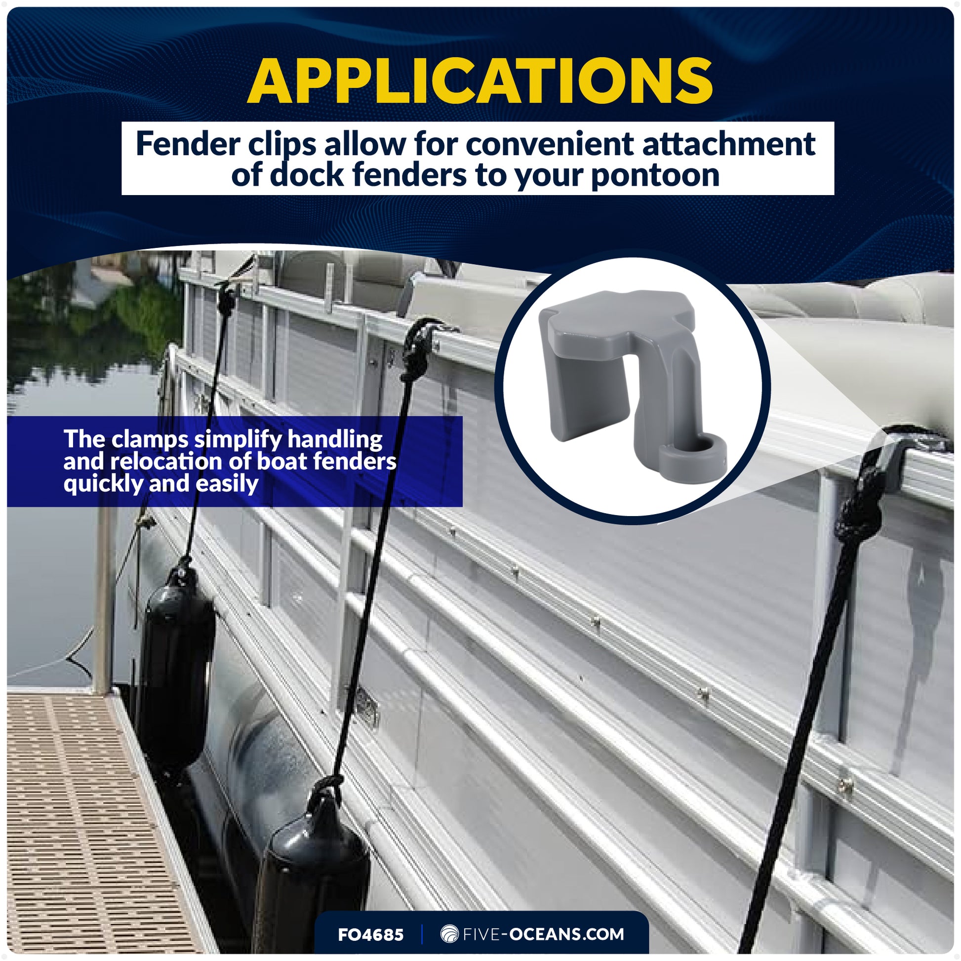 Boat Fender Clips, Suitable for 1" and 1-1/4" Square Rails, 4-Pack - FO4685 - Five Oceans