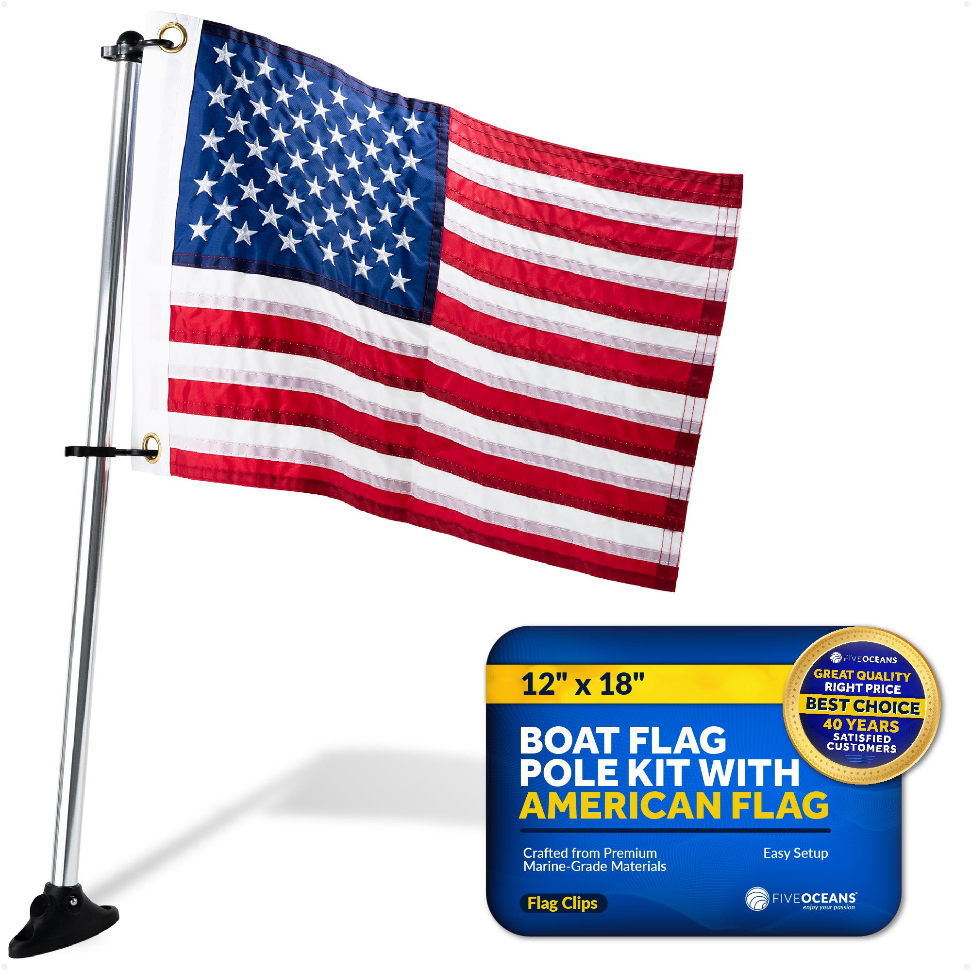 Boat Flag Pole Kit with American Flag 12"x18"- FO4686 - Five Oceans