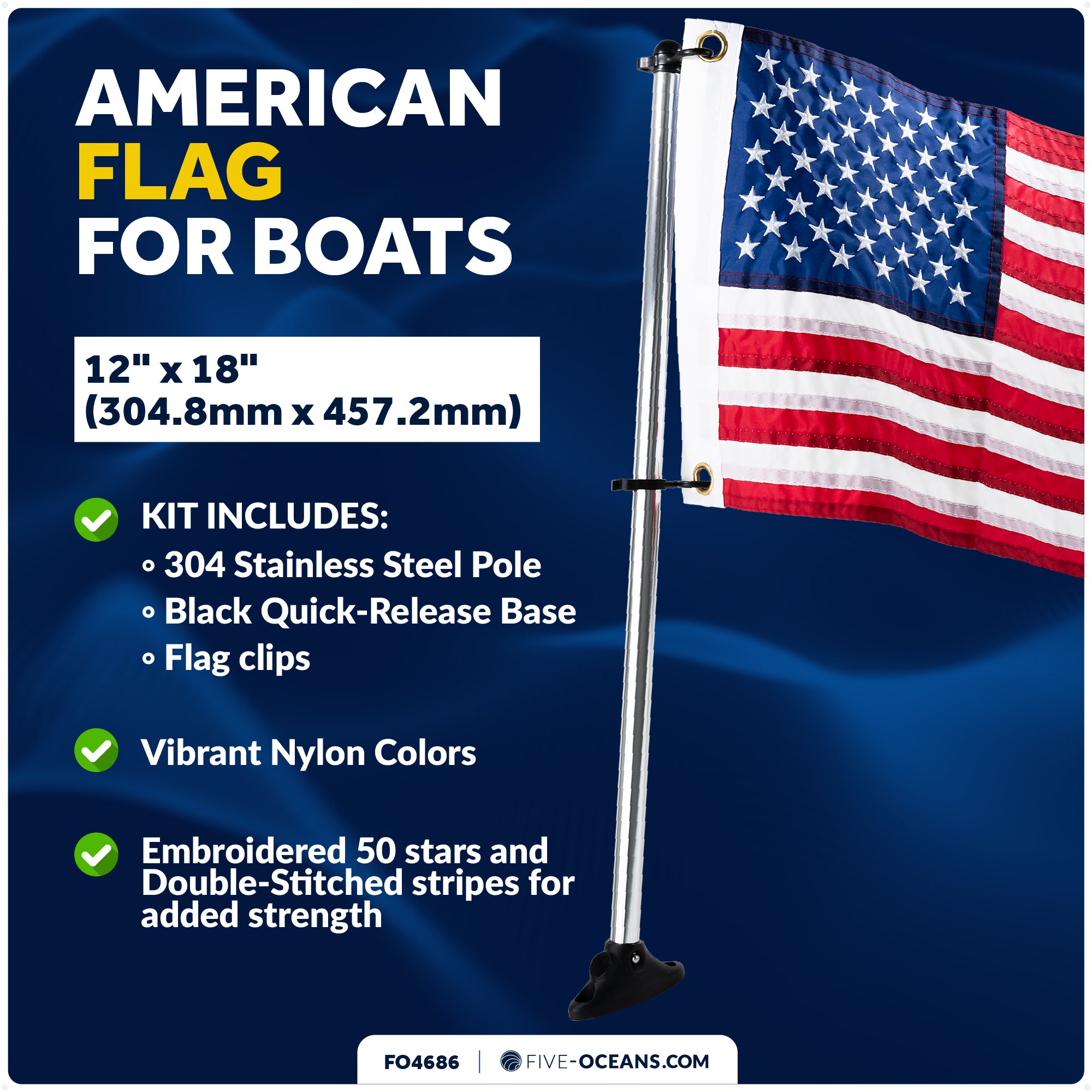 12" x 18" U.S. 50-Star Flag Kit with Flat Surface Mount - FO4686 - Five Oceans