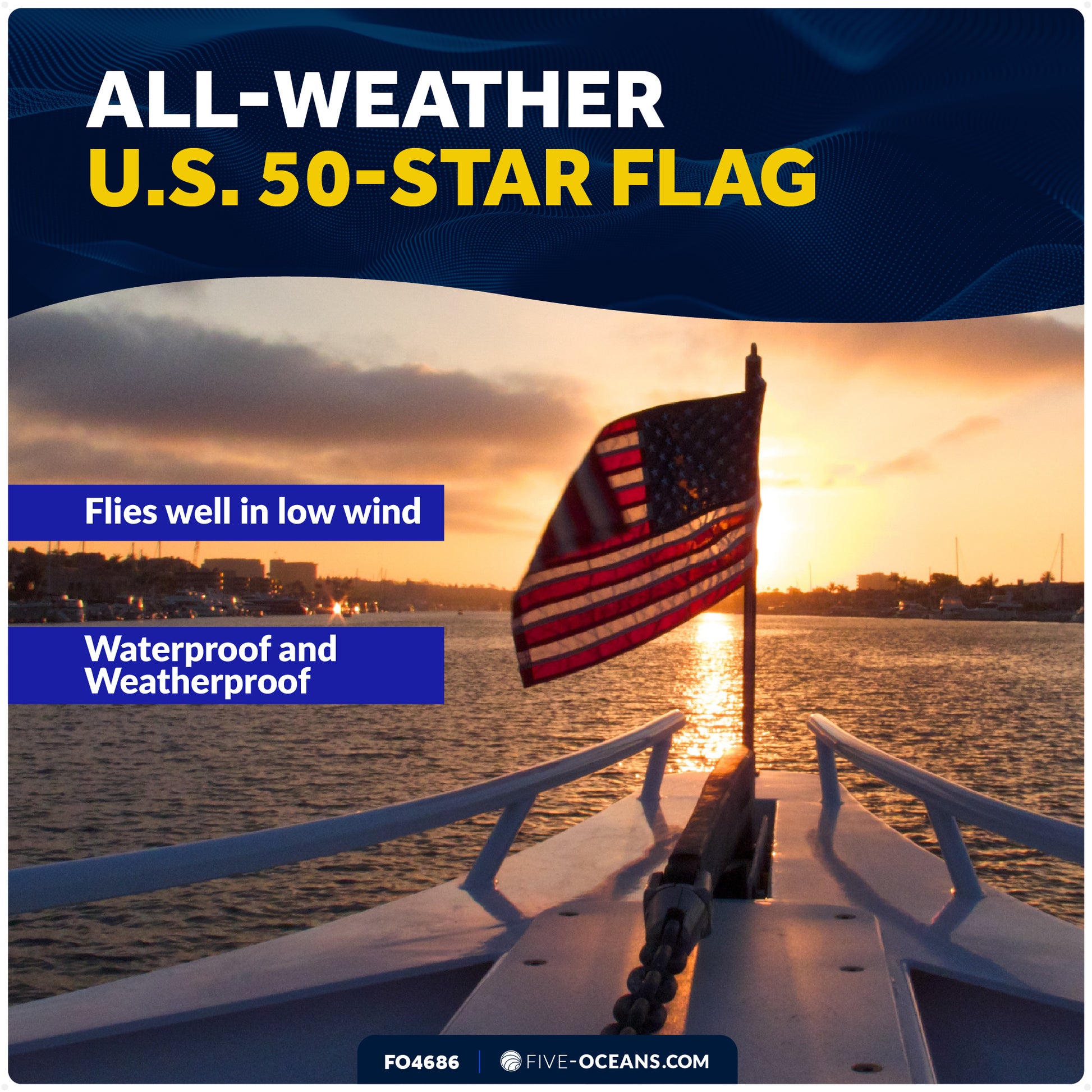 Boat Flag Pole Kit with American Flag 12"x 18"- FO4686 - Five Oceans