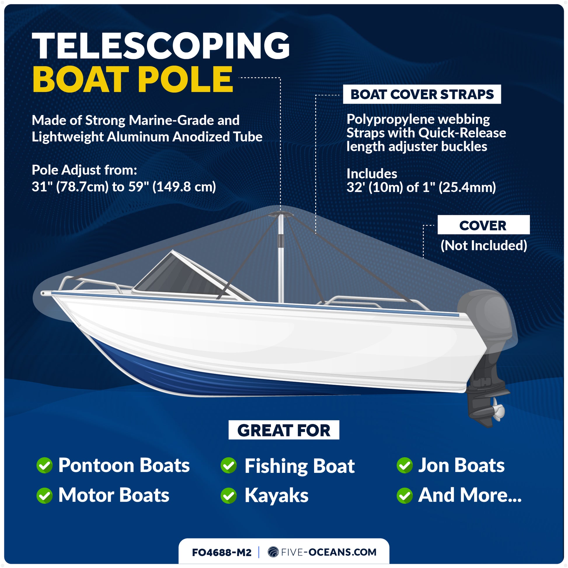 Boat Cover Support Poles, Adjustable 31"-59", 2-Pack - FO4688-M2 - Five Oceans