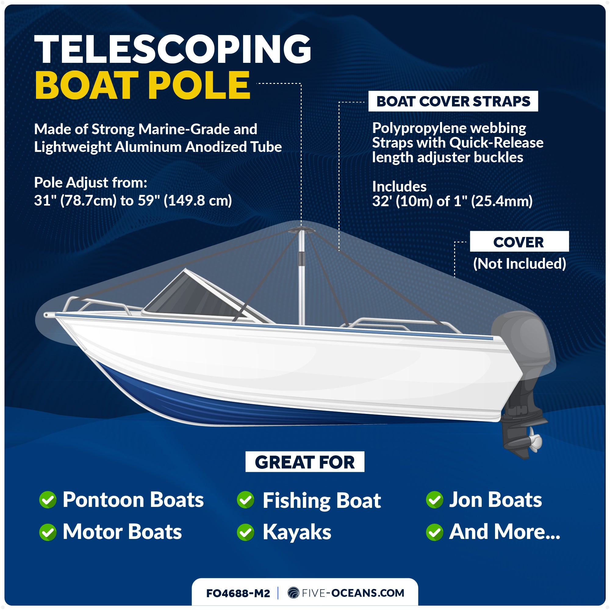 Boat Cover Support Poles, Adjustable 31"- 59", 2-Pack - FO4688-M2 - Five Oceans