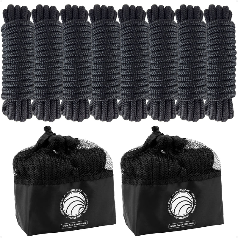 3/8" x 15' Dock Lines, Black, Double Braid Nylon, 8-Pack