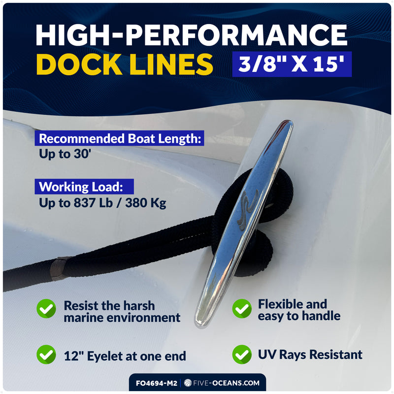 3/8" x 15' Dock Lines, Black, Double Braid Nylon, 8-Pack