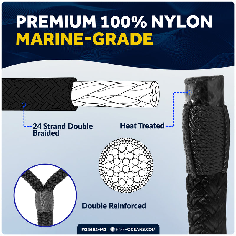 3/8" x 15' Dock Lines, Black, Double Braid Nylon, 8-Pack