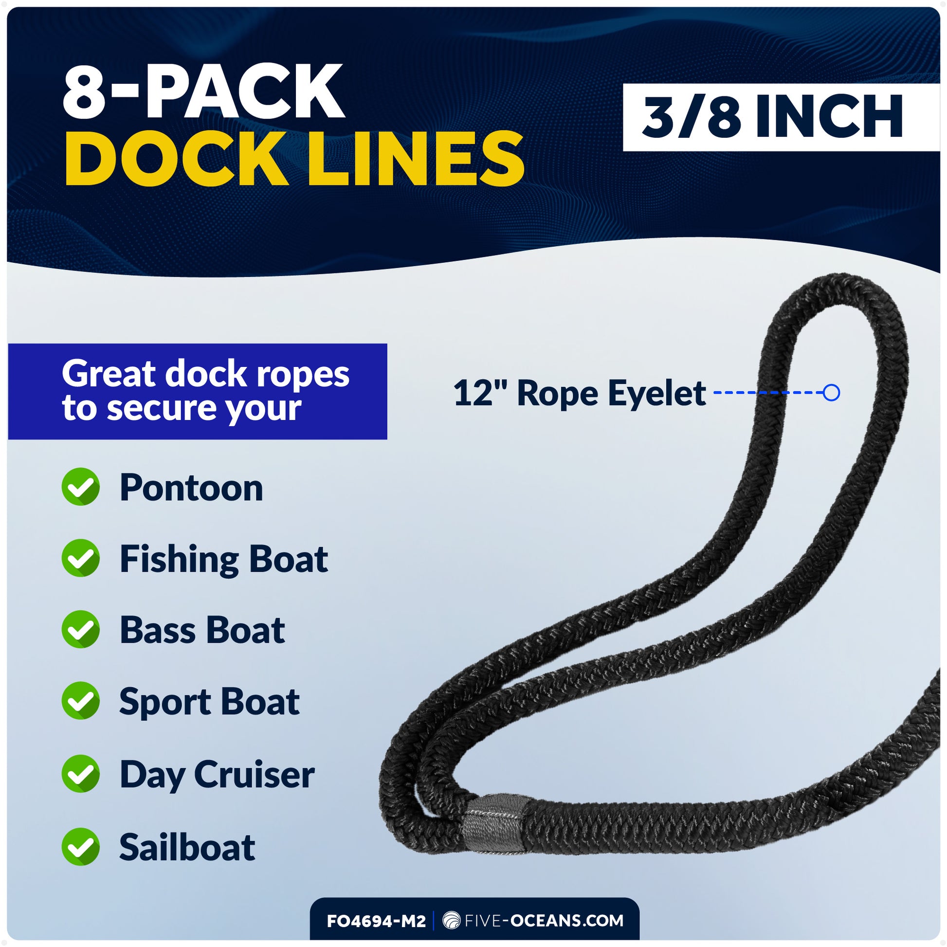 3/8" x 15' Boat Dock Lines with 12" Eyelet, Black Premium Double Braid Nylon, 8-Pack - FO4694-M2 - Five Oceans
