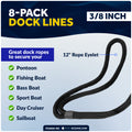 3/8" x 15' Dock Lines, Black, Double Braid Nylon, 8-Pack