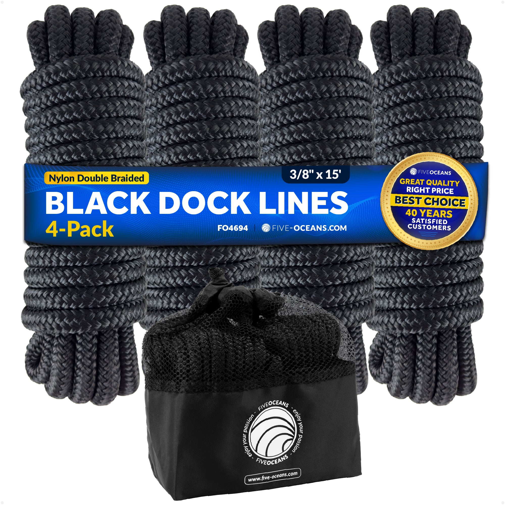 3/8" x 15' Dock Lines, Black, Double Braid Nylon, 4-Pack - FO4694 - Five Oceans