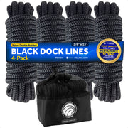 3/8" x 15' Boat Dock Lines with 12" Eyelet, Black Premium Double Braid Nylon, 4-Pack - FO4694 - Five Oceans