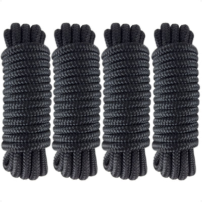 3/8" x 15' Dock Lines, Black, Double Braid Nylon, 4-Pack