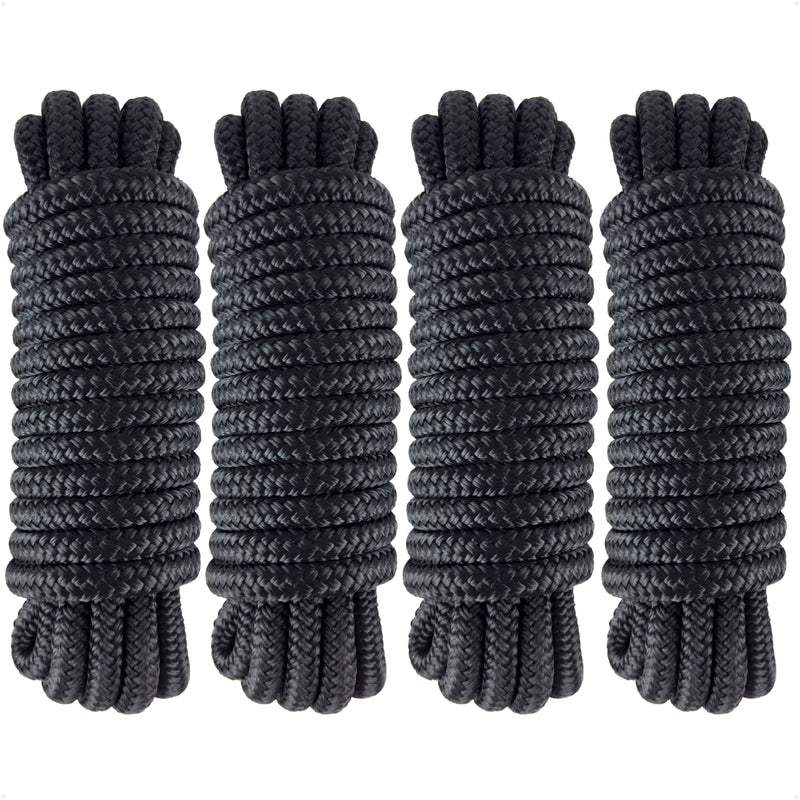 3/8" x 15' Dock Lines, Black, Double Braid Nylon, 4-Pack