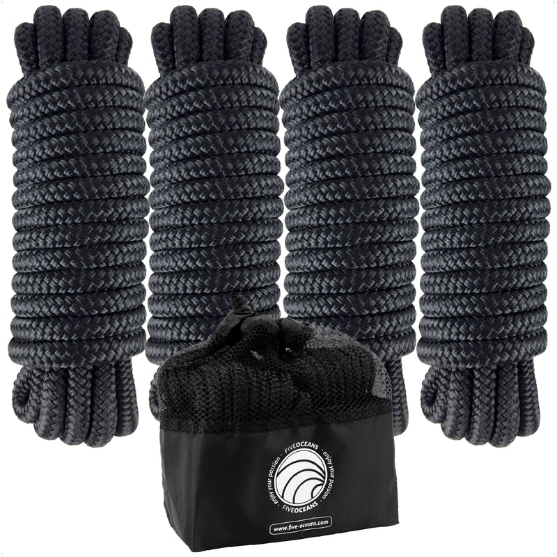 3/8" x 15' Dock Lines, Black, Double Braid Nylon, 4-Pack