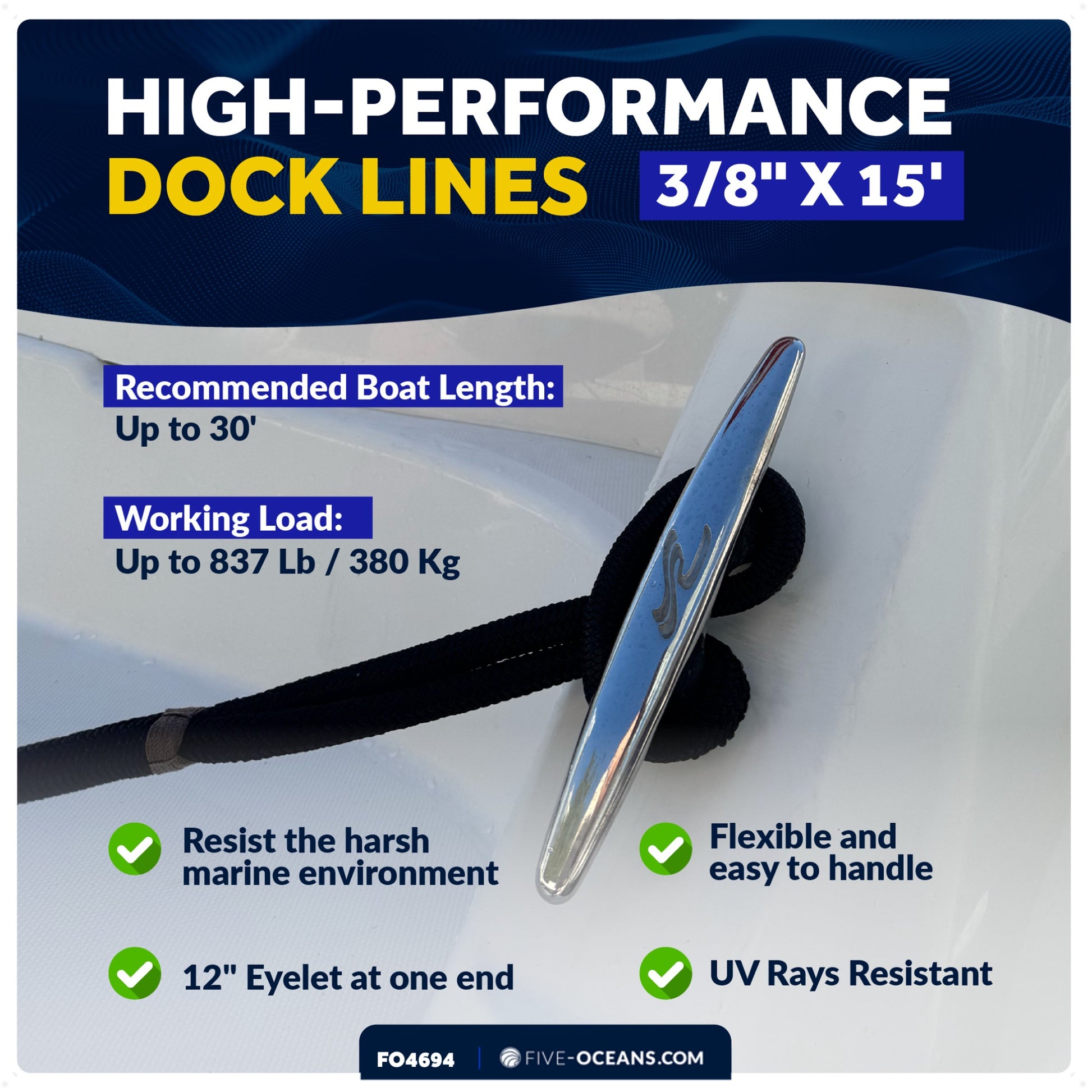 3/8" x 15' Boat Dock Lines with 12" Eyelet, Black Premium Double Braid Nylon, 4-Pack - FO4694 - Five Oceans