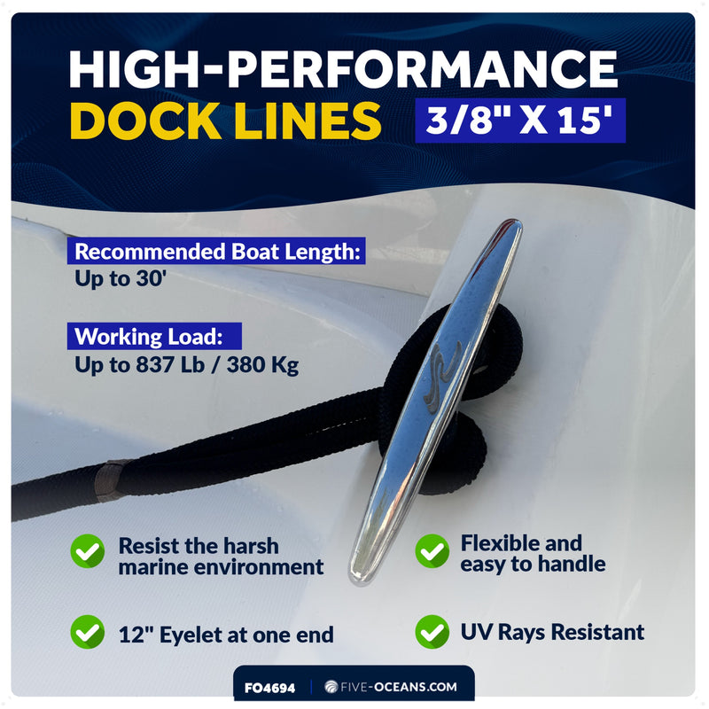 3/8" x 15' Dock Lines, Black, Double Braid Nylon, 4-Pack