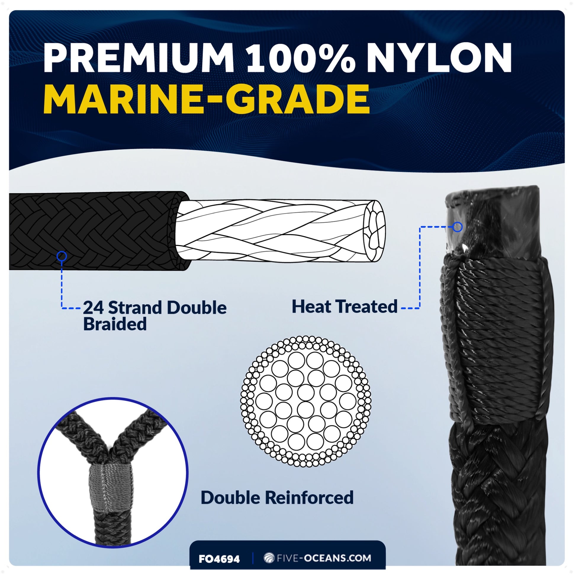 3/8" x 15' Boat Dock Lines with 12" Eyelet, Black Premium Double Braid Nylon, 4-Pack - FO4694 - Five Oceans