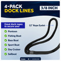 3/8" x 15' Dock Lines, Black, Double Braid Nylon, 4-Pack