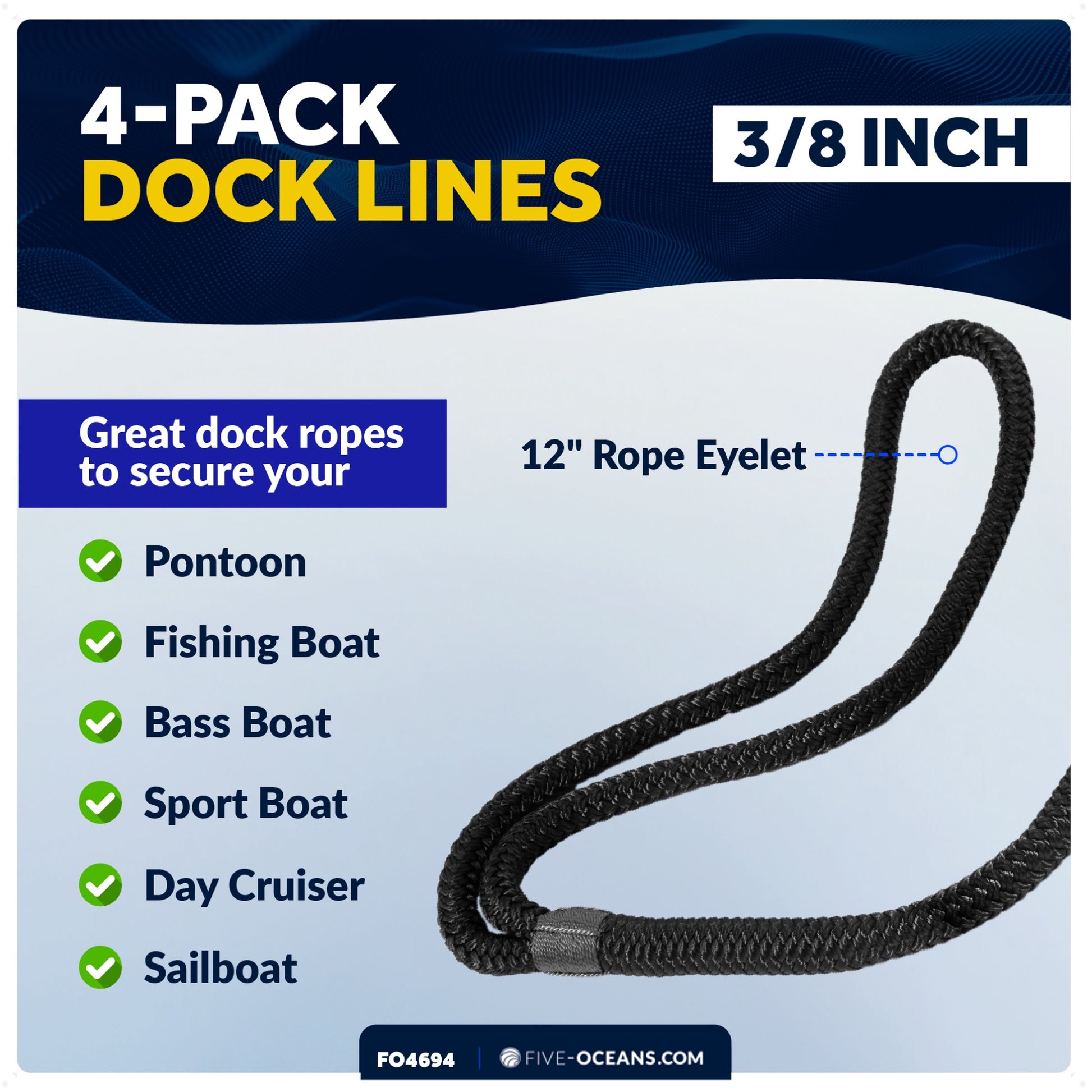 3/8" x 15' Boat Dock Lines with 12" Eyelet, Black Premium Double Braid Nylon, 4-Pack - FO4694 - Five Oceans