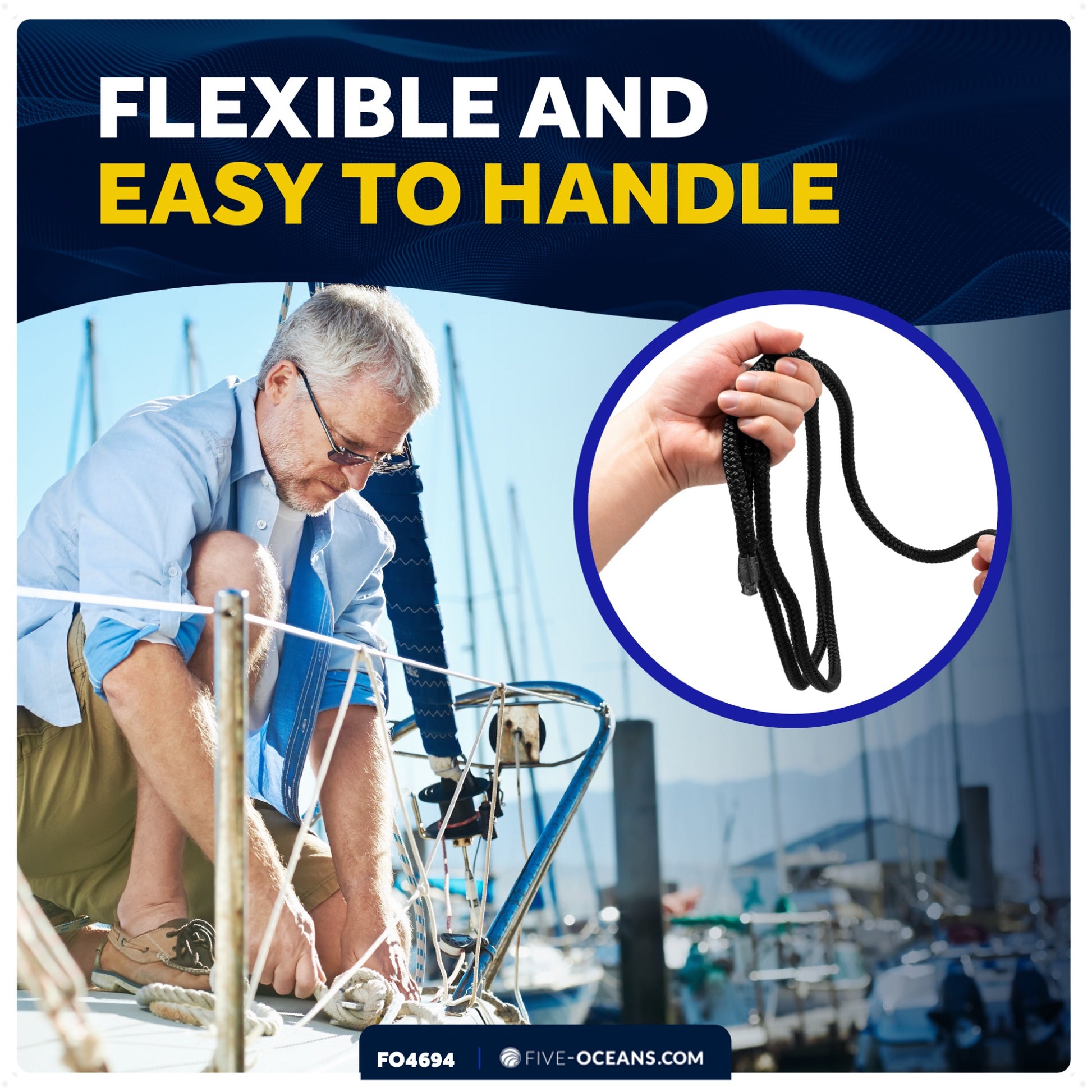 3/8" x 15' Boat Dock Lines with 12" Eyelet, Black Premium Double Braid Nylon, 4-Pack - FO4694 - Five Oceans
