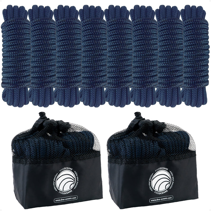 3/8" x 15' Dock Lines, Navy Blue, Double Braid Nylon, 8-Pack