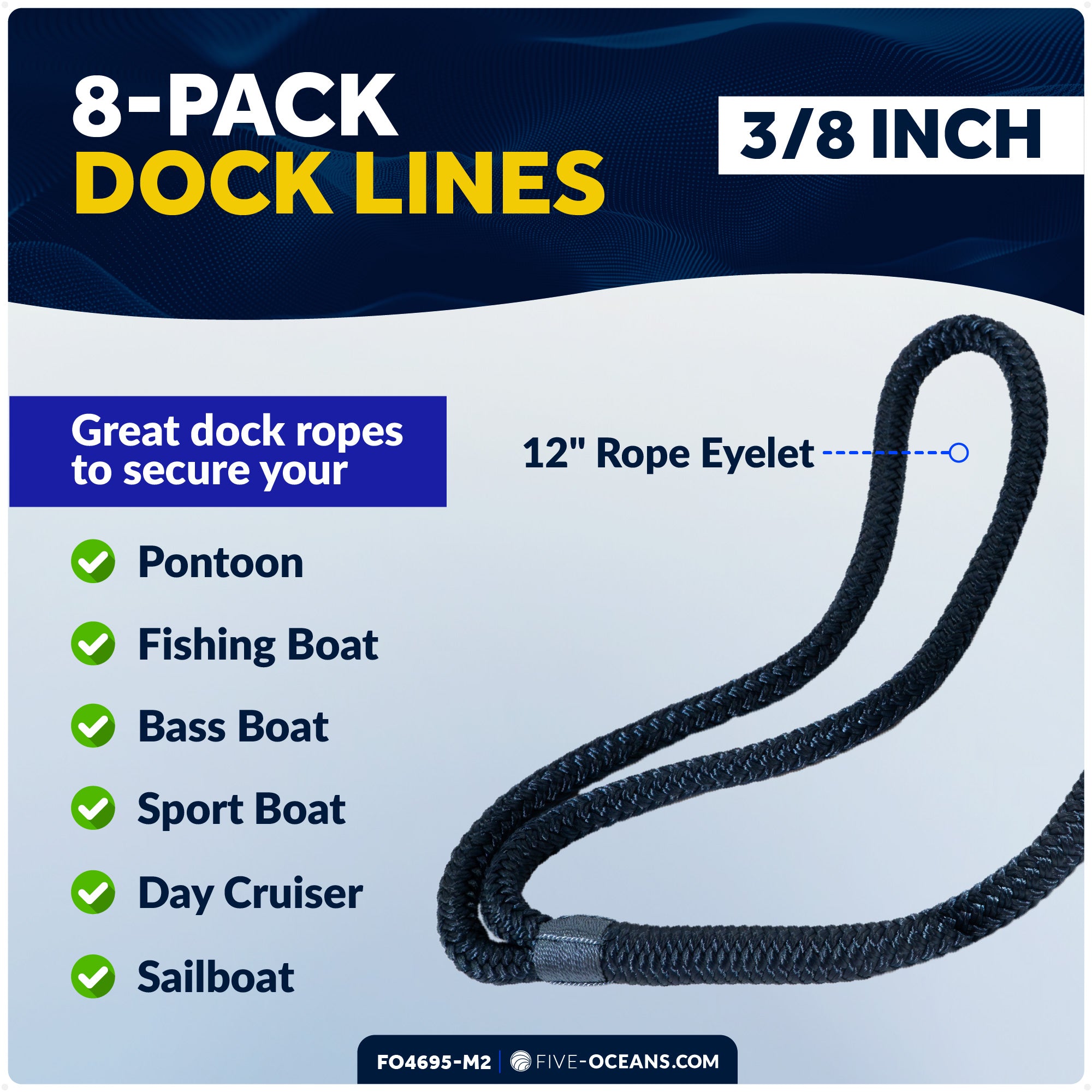 3/8" x 15' Boat Dock Lines with 12" Eyelet, Navy Blue Premium Double Braid Nylon, 8-Pack - FO4695-M2