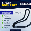 3/8" x 15' Dock Lines, Navy Blue, Double Braid Nylon, 8-Pack