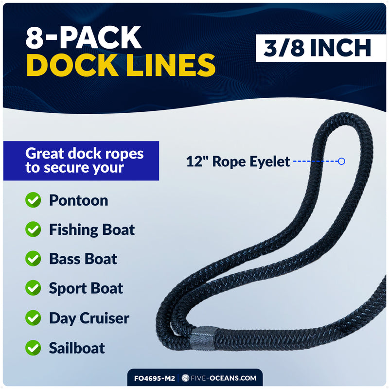 3/8" x 15' Dock Lines, Navy Blue, Double Braid Nylon, 8-Pack