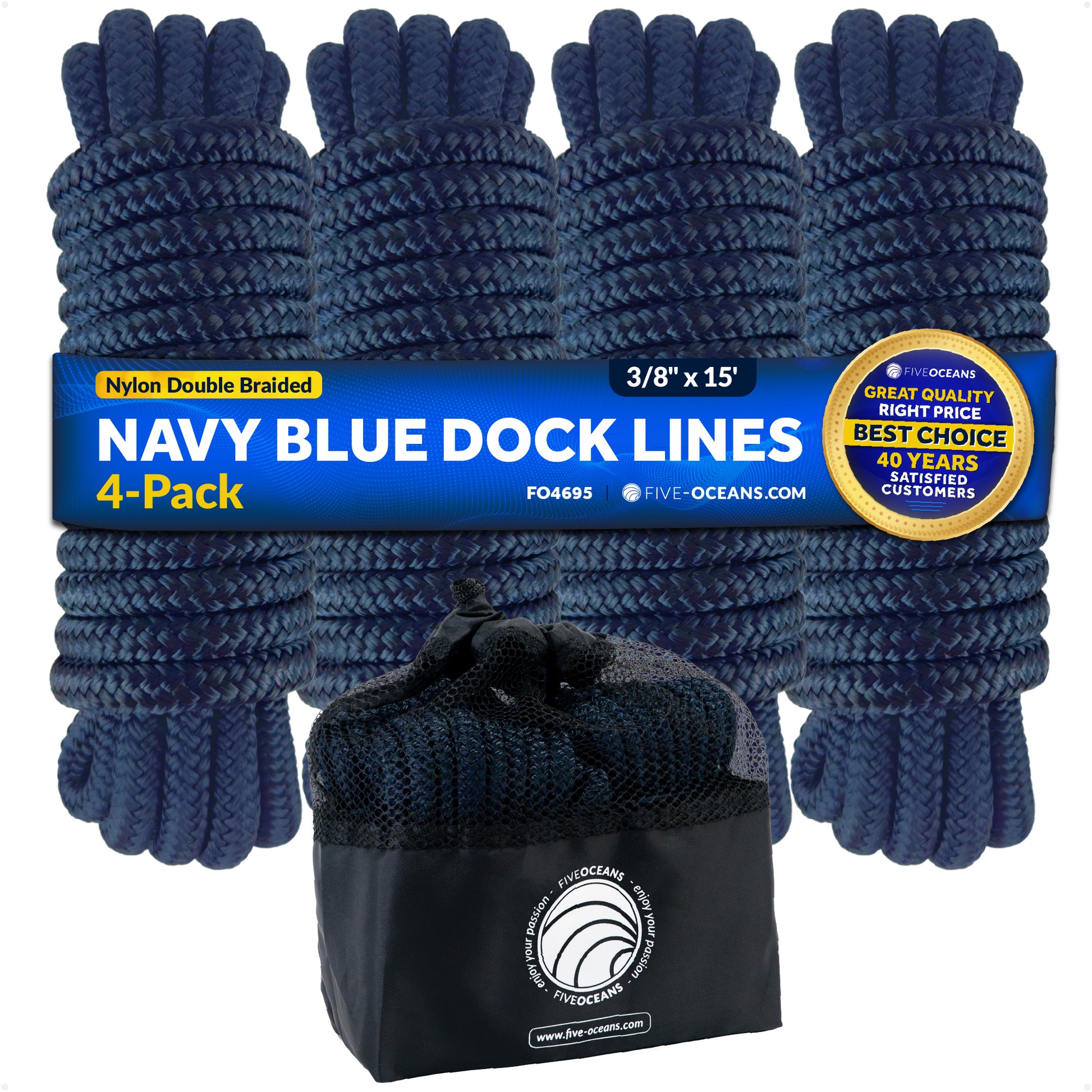 3/8" x 15' Boat Dock Lines with 12" Eyelet, Navy Blue Premium Double Braid Nylon, 4-Pack - FO4695 - Five Oceans