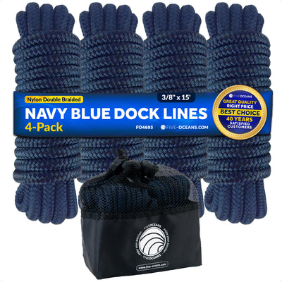 3/8" x 15' Dock Lines, Navy Blue, Double Braid Nylon, 4-Pack - FO4695 - Five Oceans