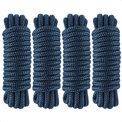 3/8" x 15' Dock Lines, Navy Blue, Double Braid Nylon, 4-Pack