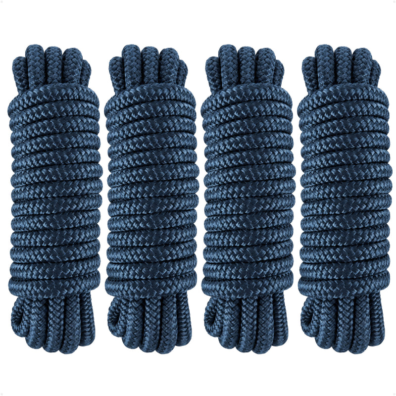 3/8" x 15' Dock Lines, Navy Blue, Double Braid Nylon, 4-Pack