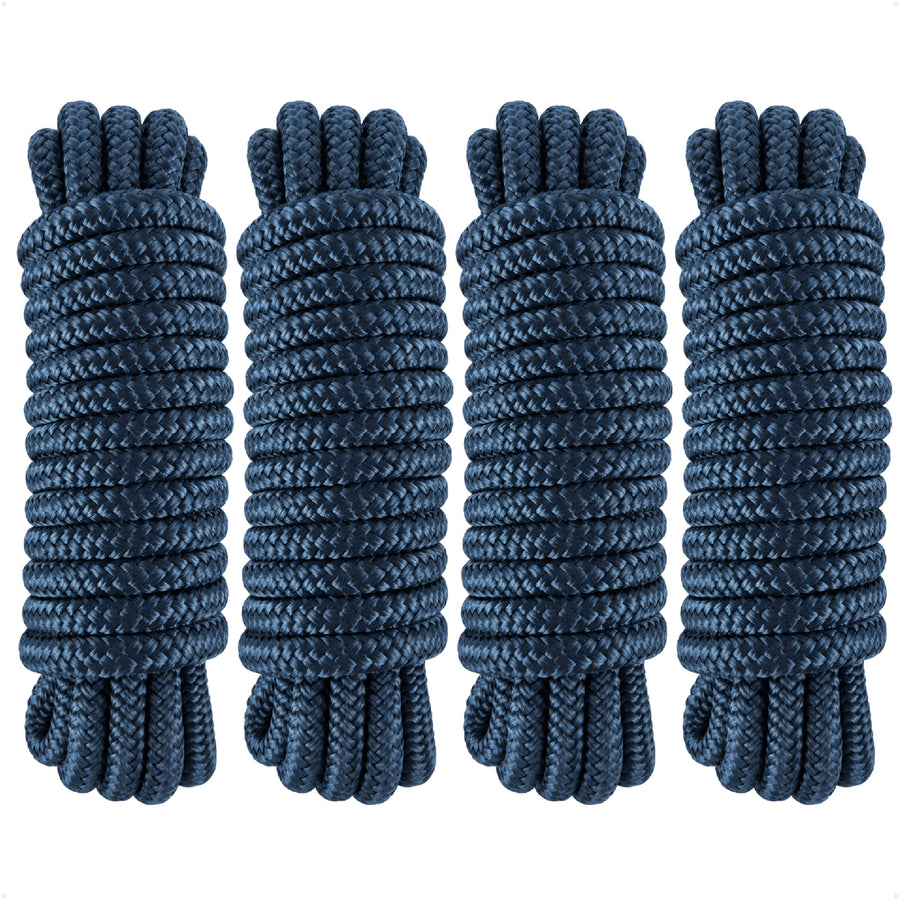 3/8" x 15' Dock Lines, Navy Blue, Double Braid Nylon, 4-Pack