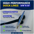 3/8" x 15' Dock Lines, Navy Blue, Double Braid Nylon, 4-Pack