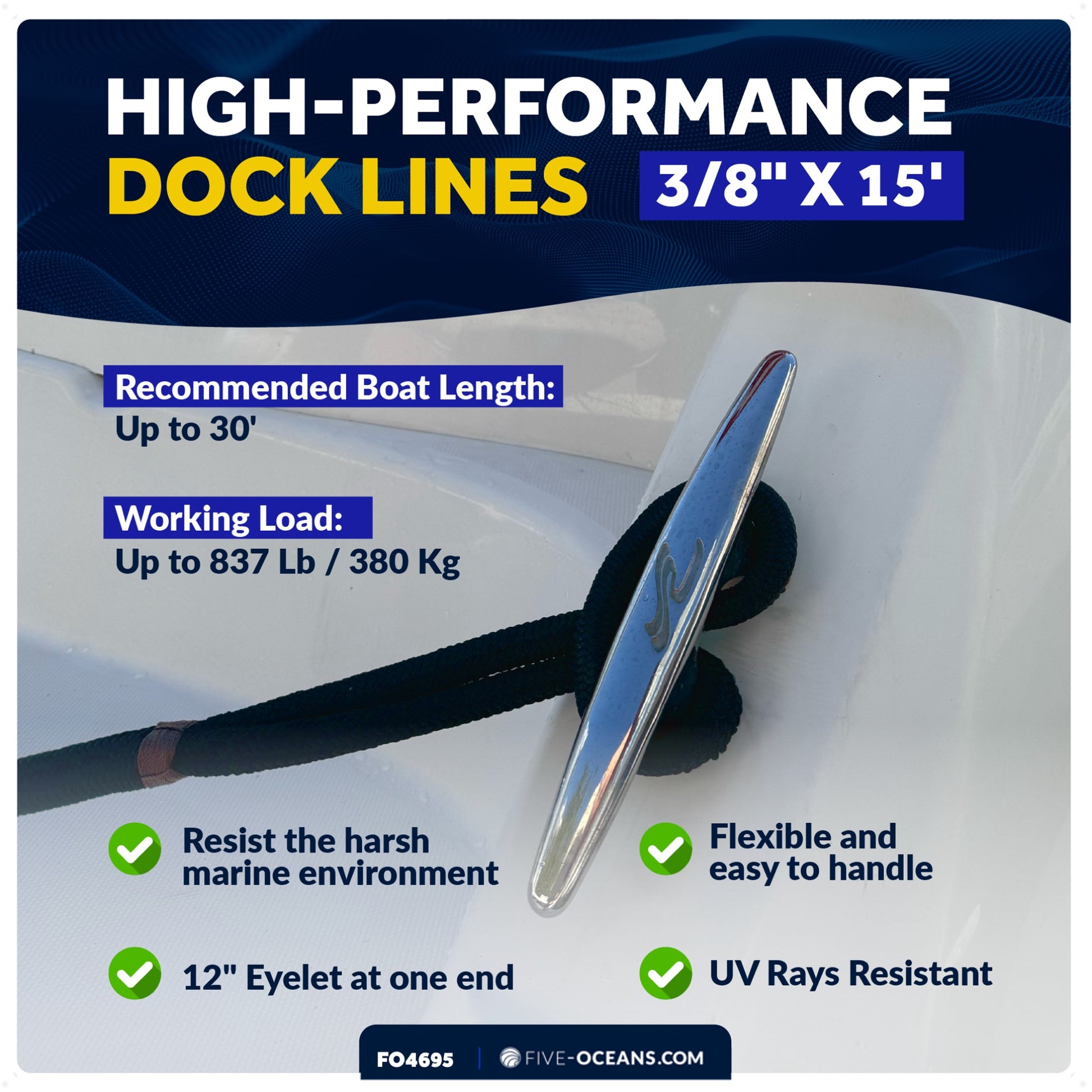 3/8" x 15' Boat Dock Lines with 12" Eyelet, Navy Blue Premium Double Braid Nylon, 4-Pack - FO4695 - Five Oceans