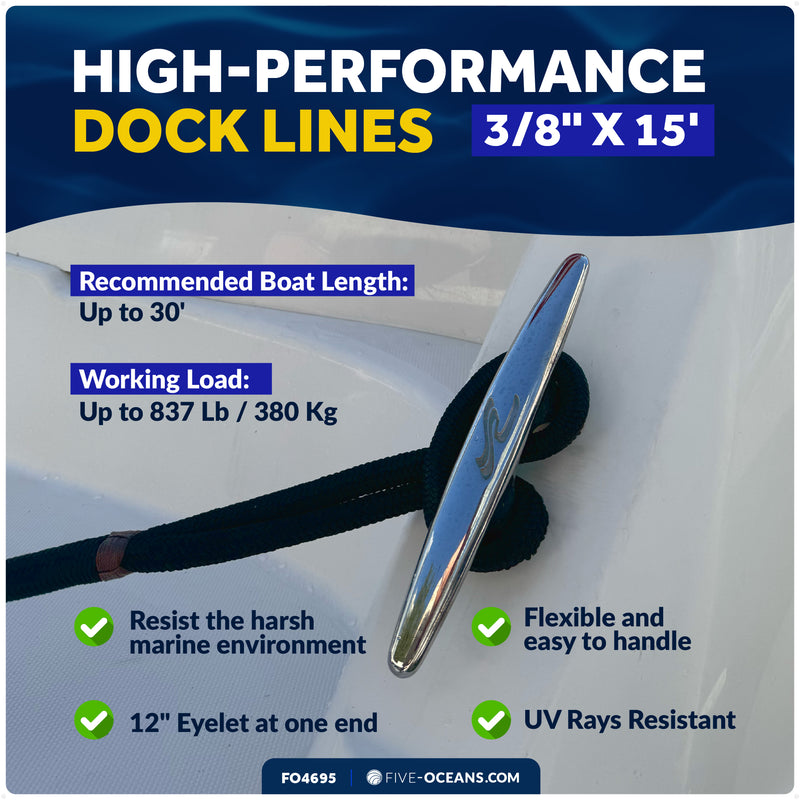 3/8" x 15' Dock Lines, Navy Blue, Double Braid Nylon, 4-Pack