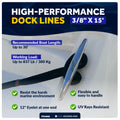 3/8" x 15' Dock Lines, Navy Blue, Double Braid Nylon, 4-Pack