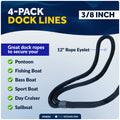 3/8" x 15' Dock Lines, Navy Blue, Double Braid Nylon, 4-Pack