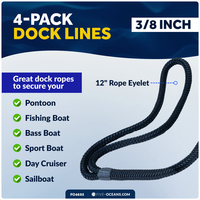 3/8" x 15' Dock Lines, Navy Blue, Double Braid Nylon, 4-Pack