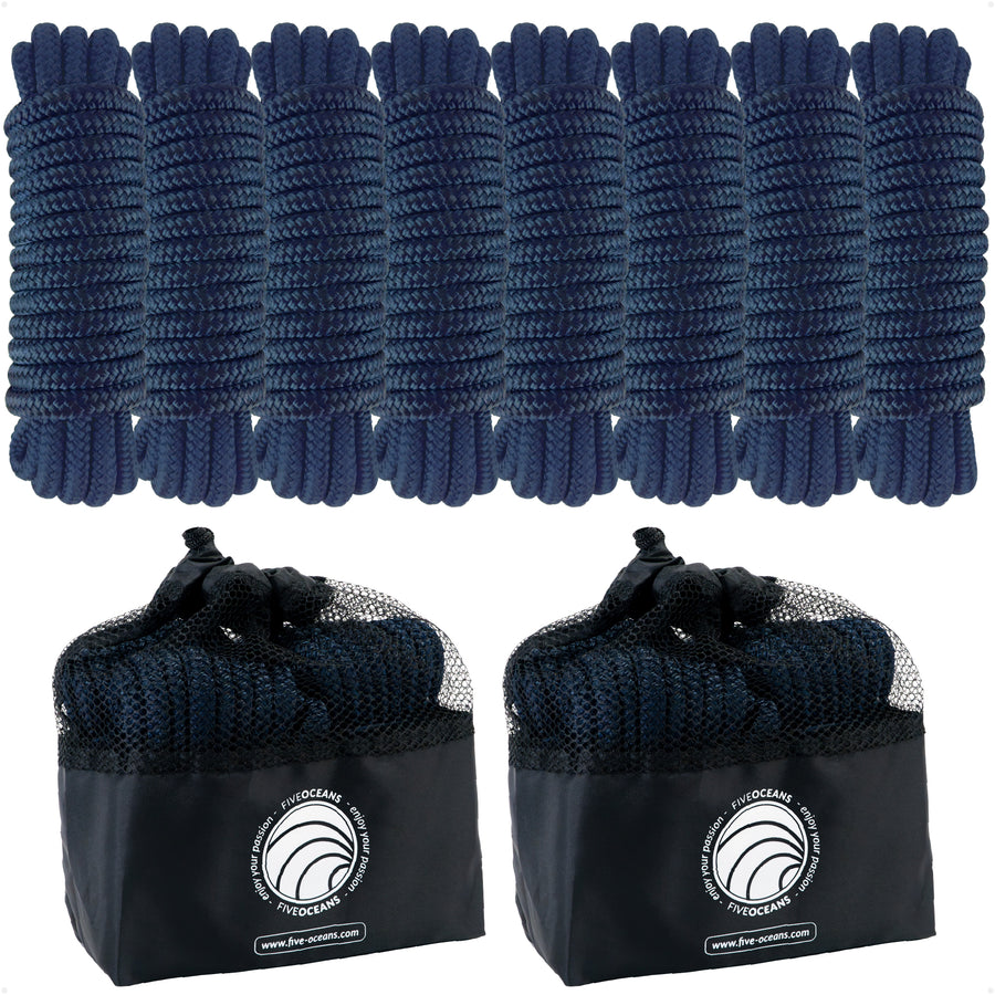1/2" x 15' Dock Lines, Navy Blue, Double Braid Nylon, 8-Pack