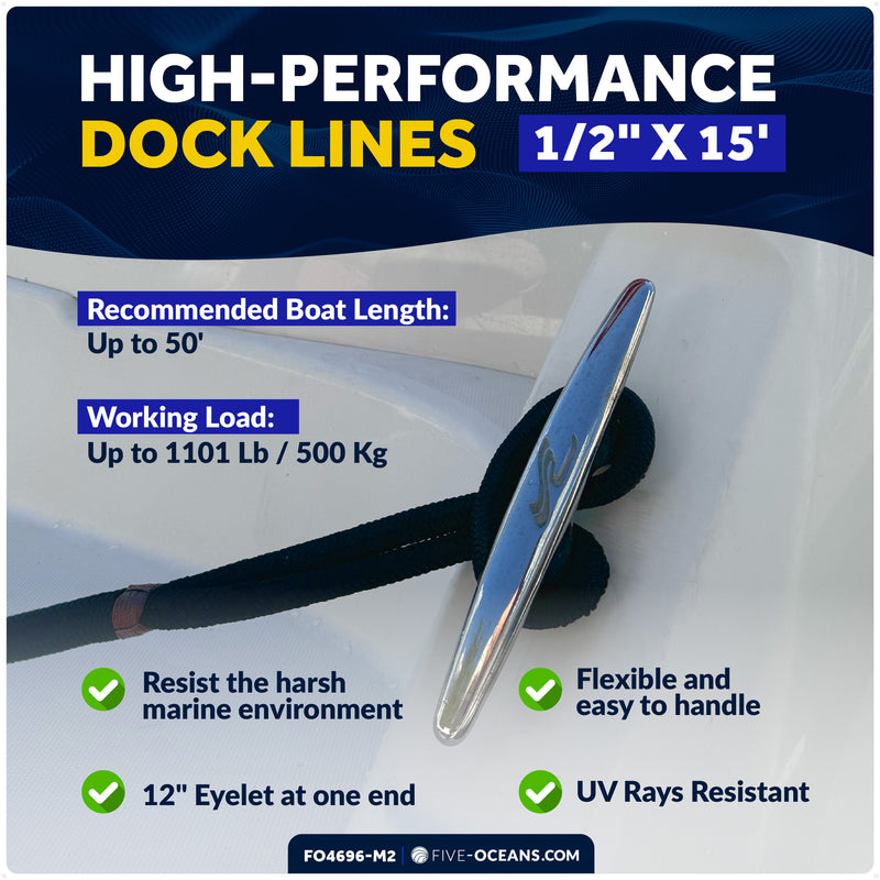 1/2" x 15' Dock Lines, Navy Blue, Double Braid Nylon, 8-Pack